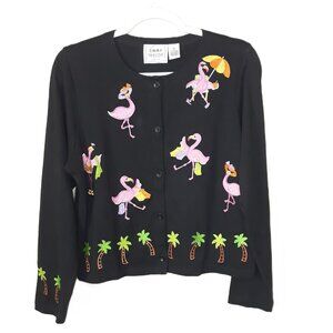 Emma Tricot Pink Flamingo Cotton Cardigan M Novelty Artsy Quirky Art to Wear
